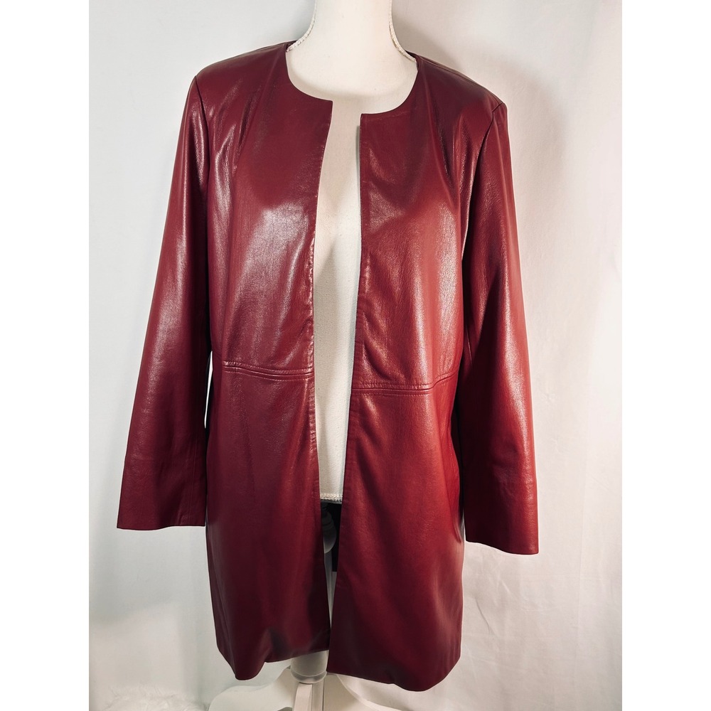 Vegan Leather Open Front Collarless Coat Red Mid Length Jacket Women L